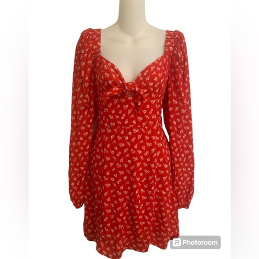 And Other Stories Mini Dress Size 10 Red Floral White Puff Sleeve Tie Front